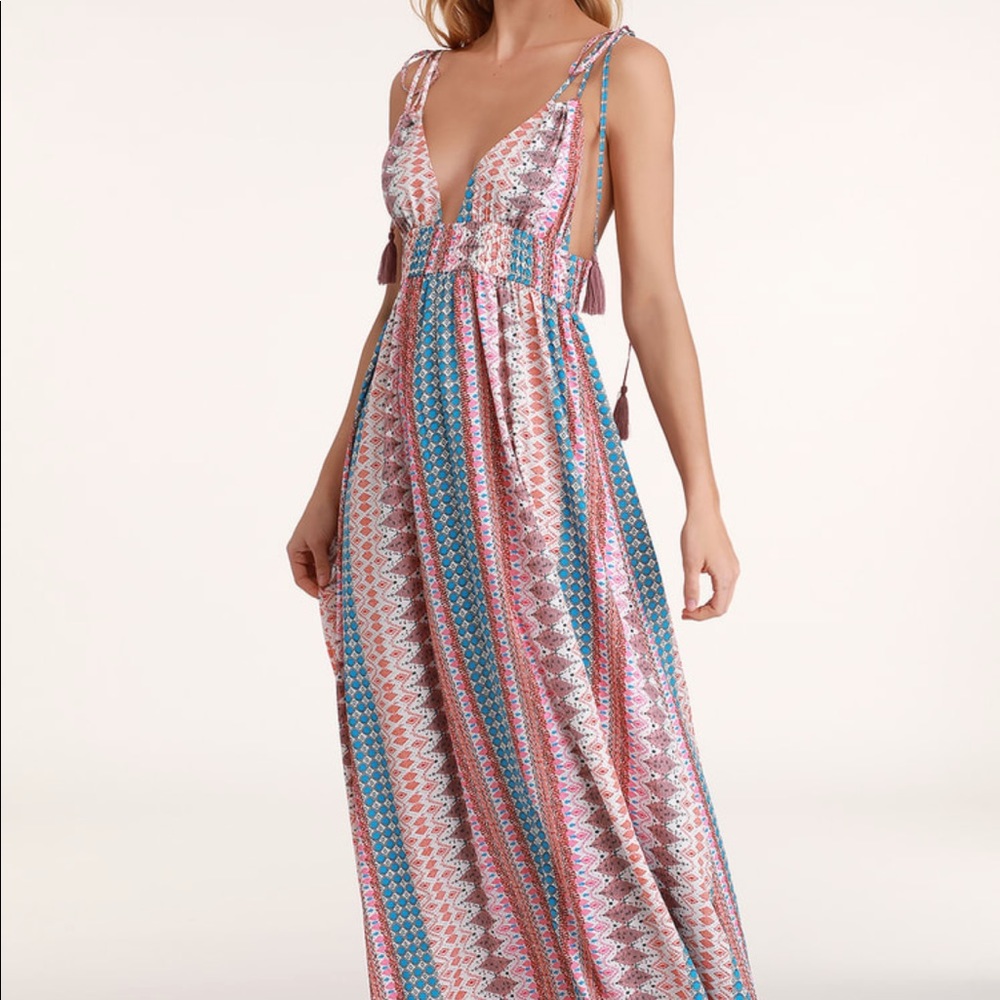 Lulu’s Pink White and Blue Maxi Dress with Plunging V Neck